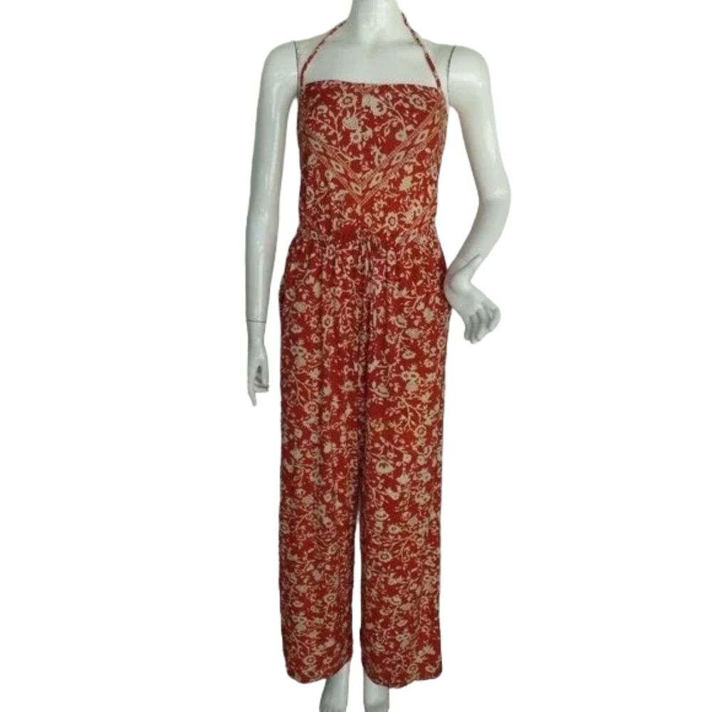 ROBIN PICCONE Jumpsuit, S, Rust Floral, Halter Spaghetti Straps, Wide leg